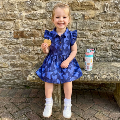 Navy Blue Butterfly Print Button Front Dress