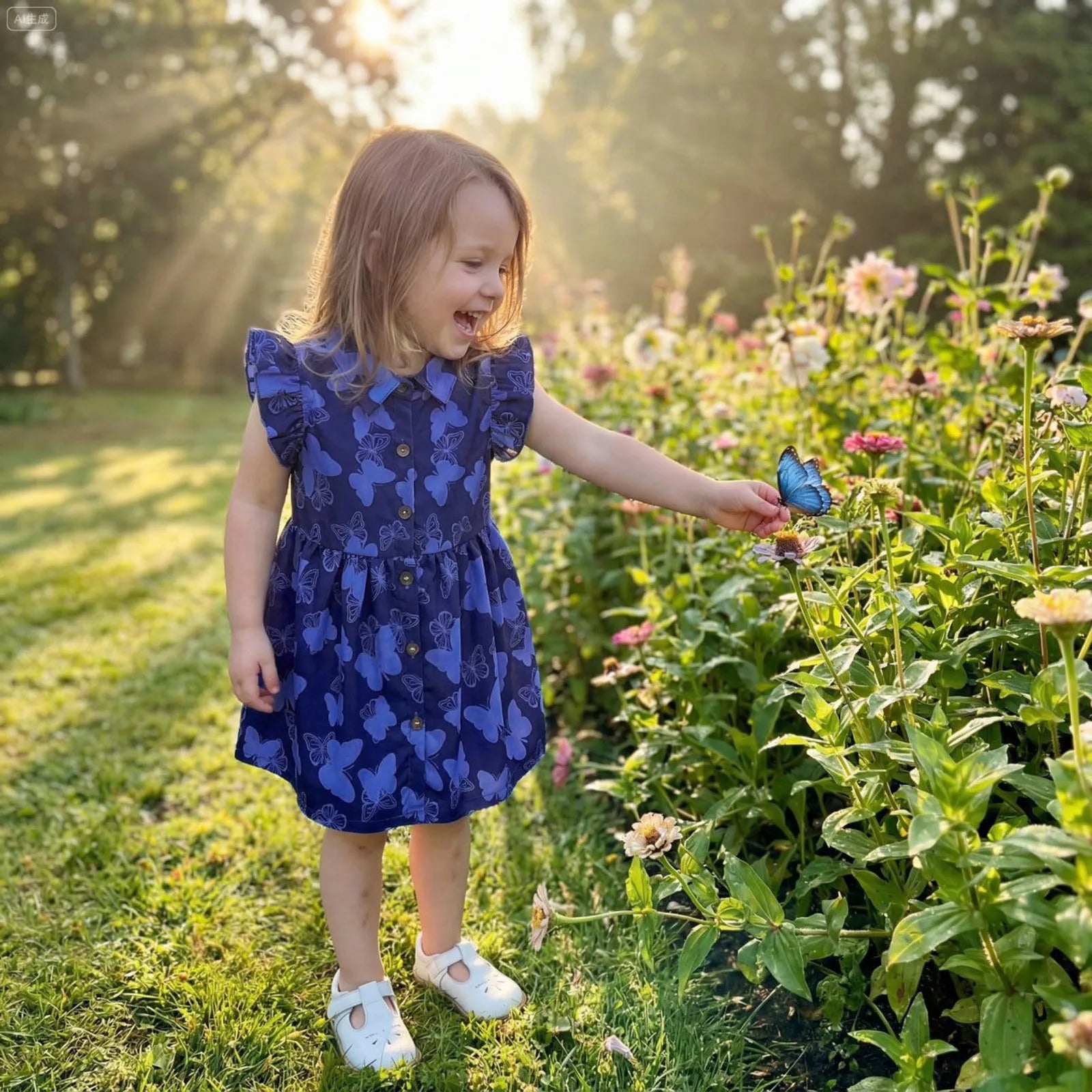 Navy Blue Butterfly Print Button Front Dress