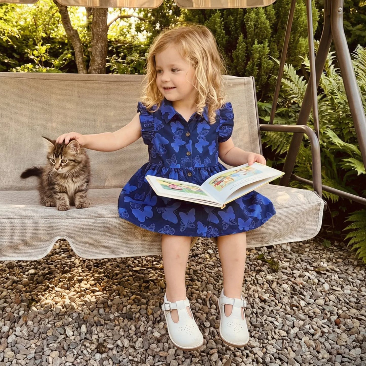 Navy Blue Butterfly Print Button Front Dress