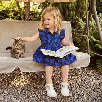 Navy Blue Butterfly Print Button Front Dress