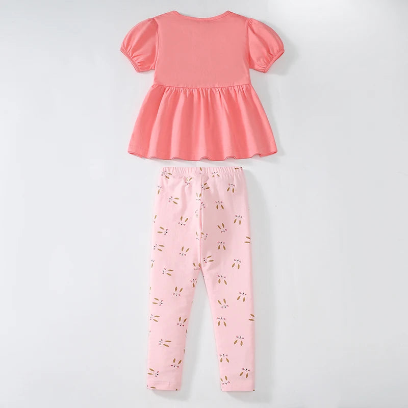 100% Cotton Coral Bunny Dress & Printed Leggings Set