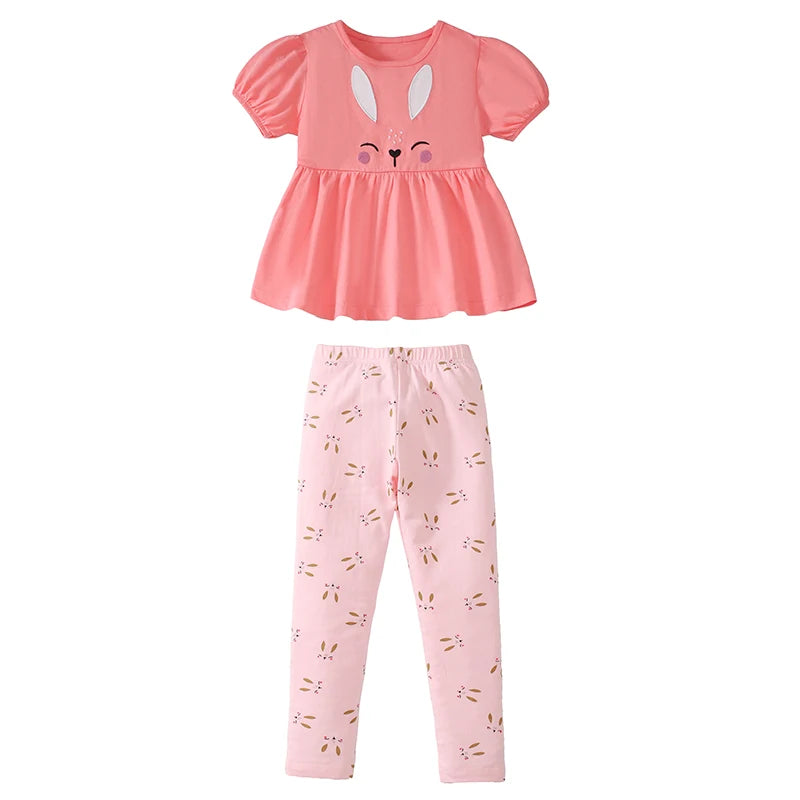 100% Cotton Coral Bunny Dress & Printed Leggings Set