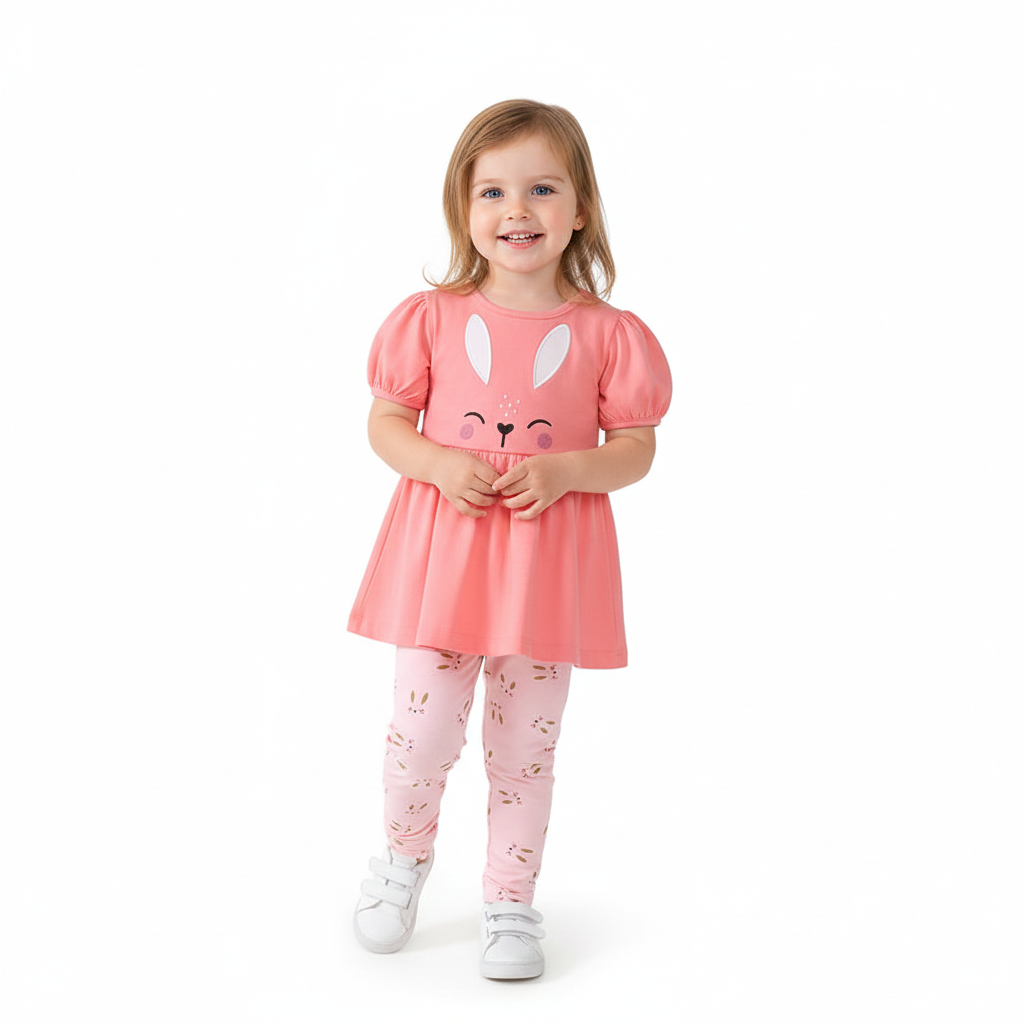 100% Cotton Coral Bunny Dress & Printed Leggings Set