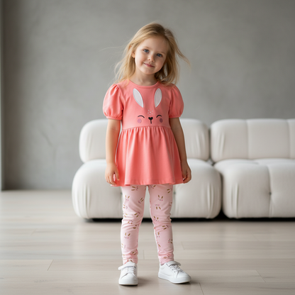 100% Cotton Coral Bunny Dress & Printed Leggings Set