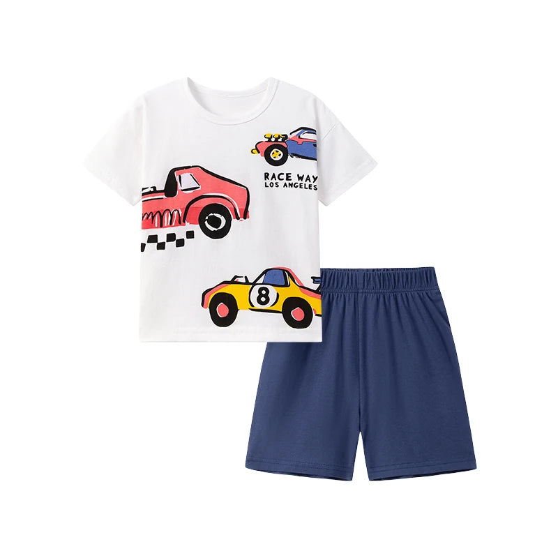 100% Cotton Race Car Print Tee & Navy Shorts Set