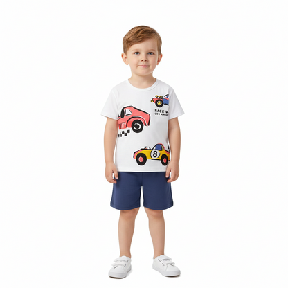 100% Cotton Race Car Print Tee & Navy Shorts Set