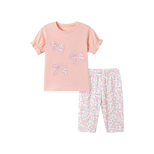 100% Cotton Bow Appliqué Top & Floral Leggings Set
