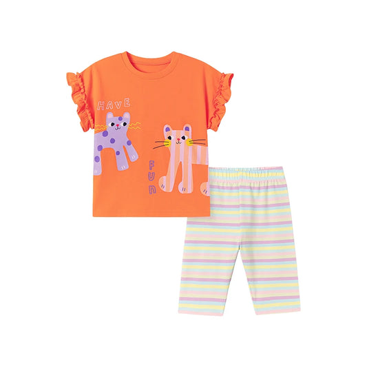 100% Cotton Cats Top & Pastel Stripe Leggings Set