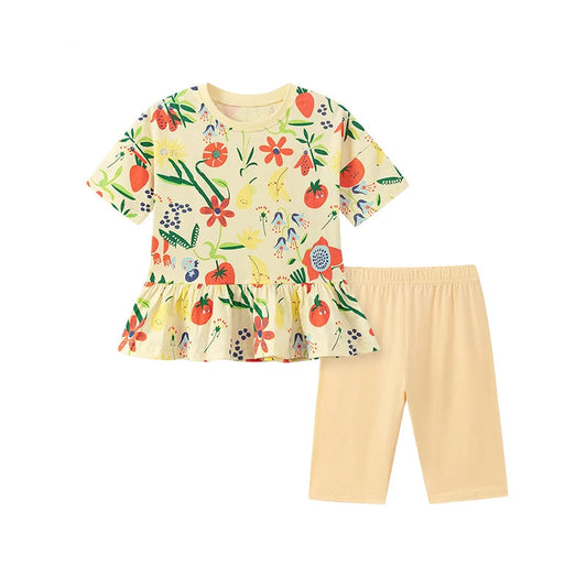 100% Cotton Floral Peplum Top & Beige Shorts Set