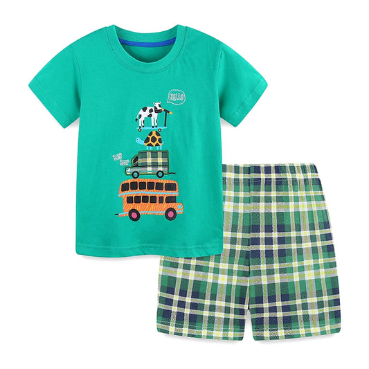 100% Cotton Safari Bus T-Shirt & Plaid Shorts Set