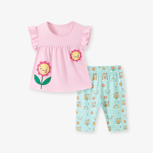 100% Cotton Sunshine Ruffle Sleeve Top & Rainbow Leggings Set