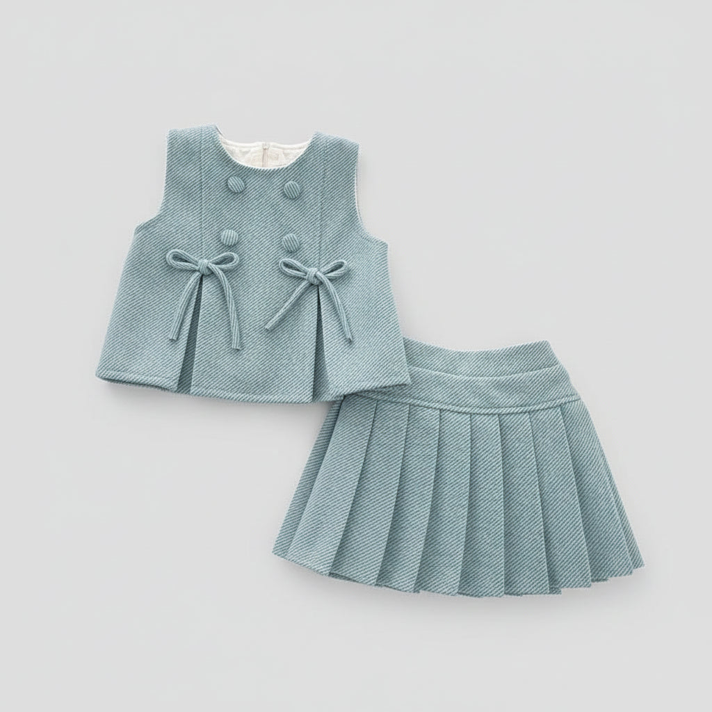 100% Cotton Textured Bow Detail Top & Pleated Skirt Set