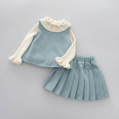 100% Cotton Textured Bow Detail Top & Pleated Skirt Set