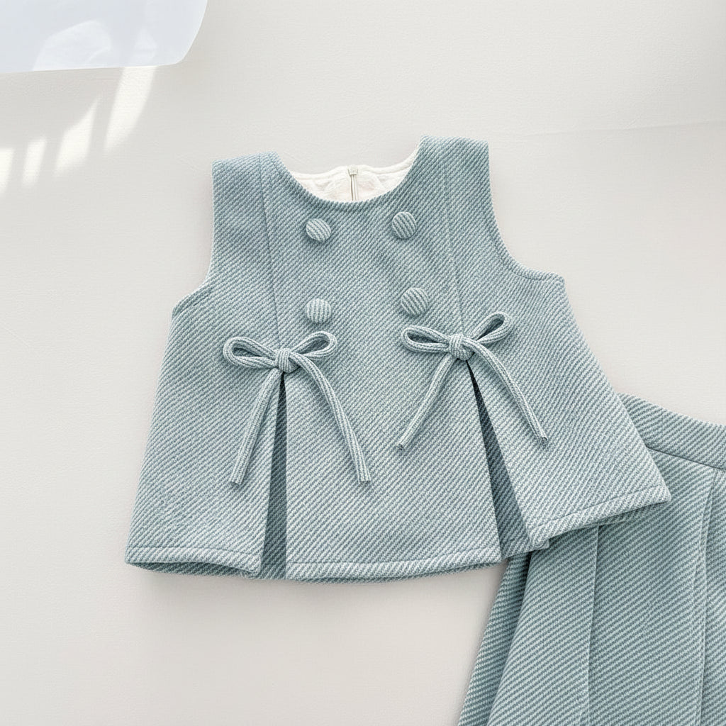 100% Cotton Textured Bow Detail Top & Pleated Skirt Set