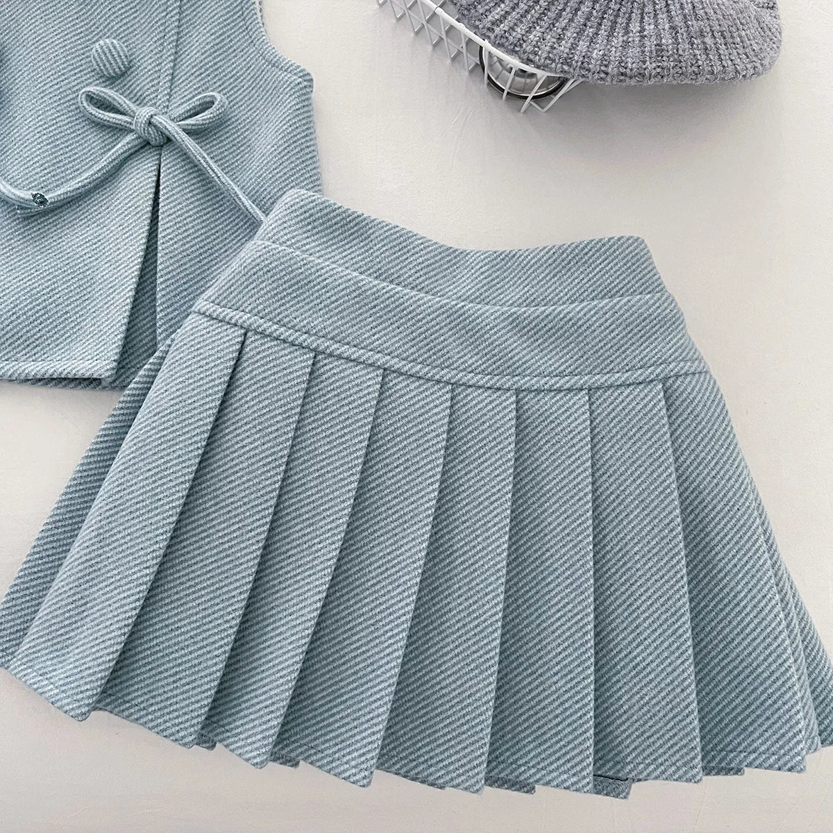 100% Cotton Textured Bow Detail Top & Pleated Skirt Set