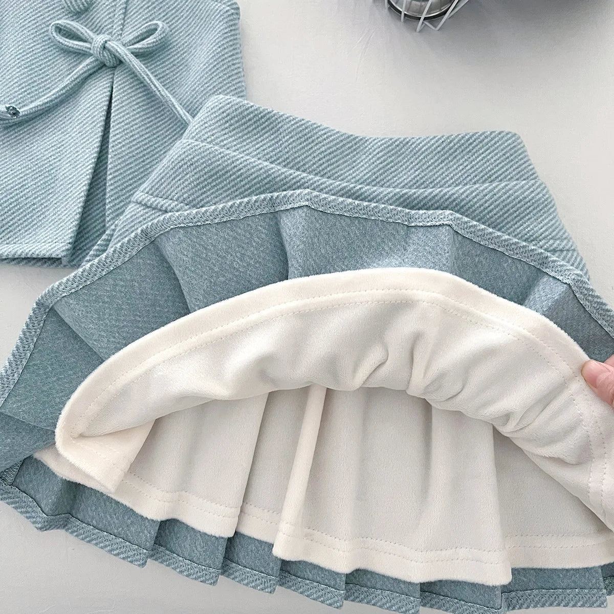 100% Cotton Textured Bow Detail Top & Pleated Skirt Set