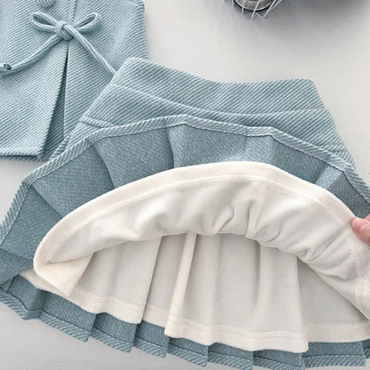 100% Cotton Textured Bow Detail Top & Pleated Skirt Set