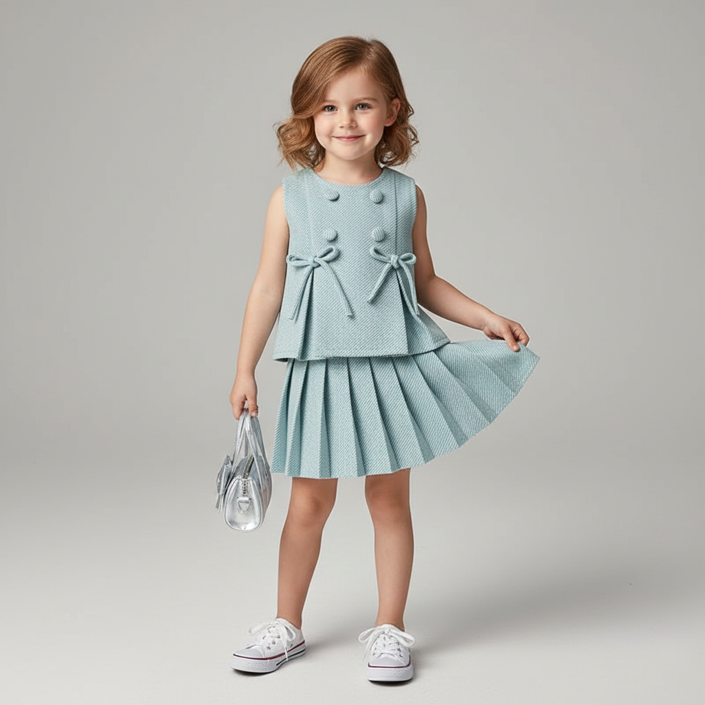 100% Cotton Textured Bow Detail Top & Pleated Skirt Set