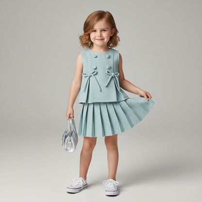 100% Cotton Textured Bow Detail Top & Pleated Skirt Set