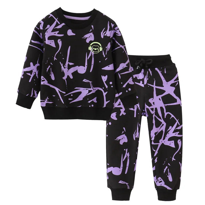 100% Cotton Black Purple Abstract Sweatshirt & Pants Set