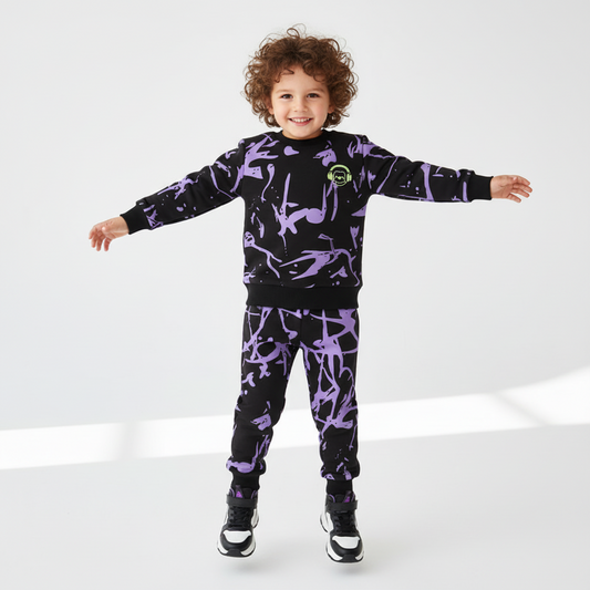 100% Cotton Black Purple Abstract Sweatshirt & Pants Set