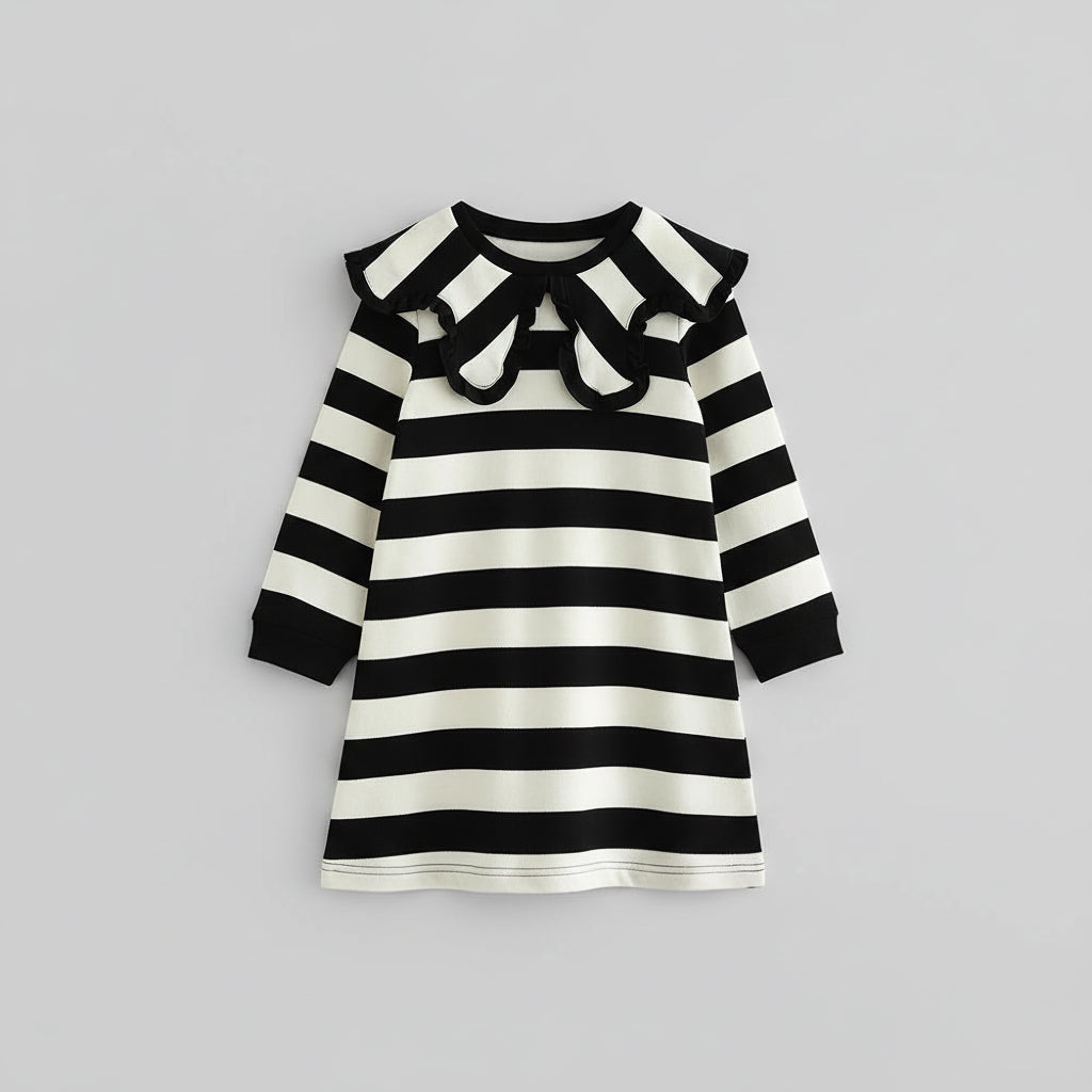 100% Cotton Black White Striped Dress With Ruffle Collar