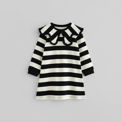 100% Cotton Black White Striped Dress With Ruffle Collar
