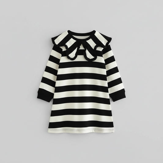 100% Cotton Black White Striped Dress With Ruffle Collar
