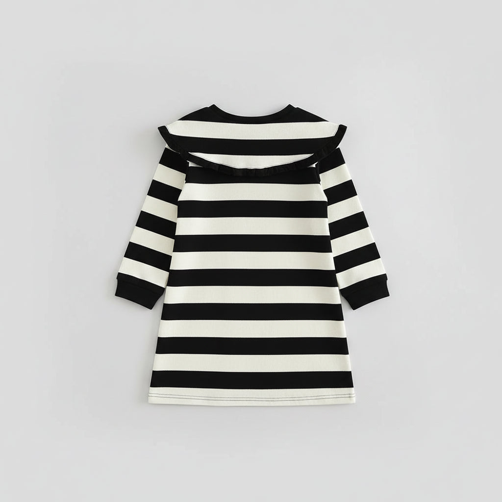 100% Cotton Black White Striped Dress With Ruffle Collar