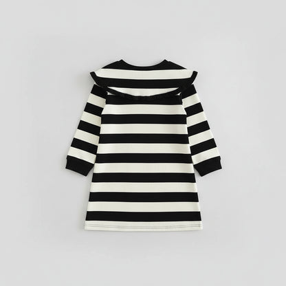 100% Cotton Black White Striped Dress With Ruffle Collar