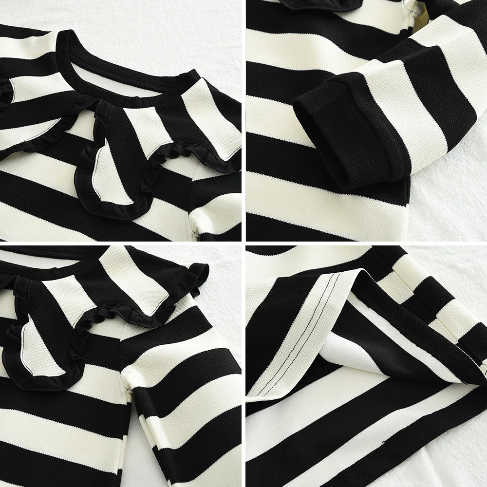 100% Cotton Black White Striped Dress With Ruffle Collar