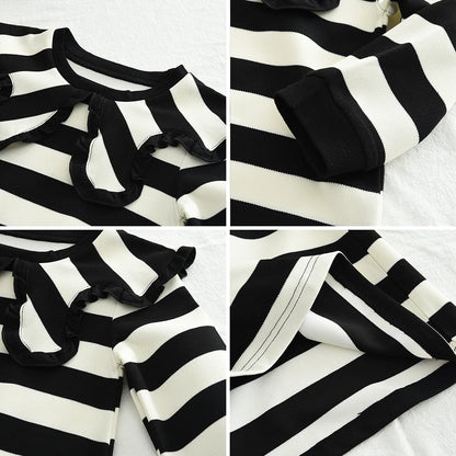 100% Cotton Black White Striped Dress With Ruffle Collar