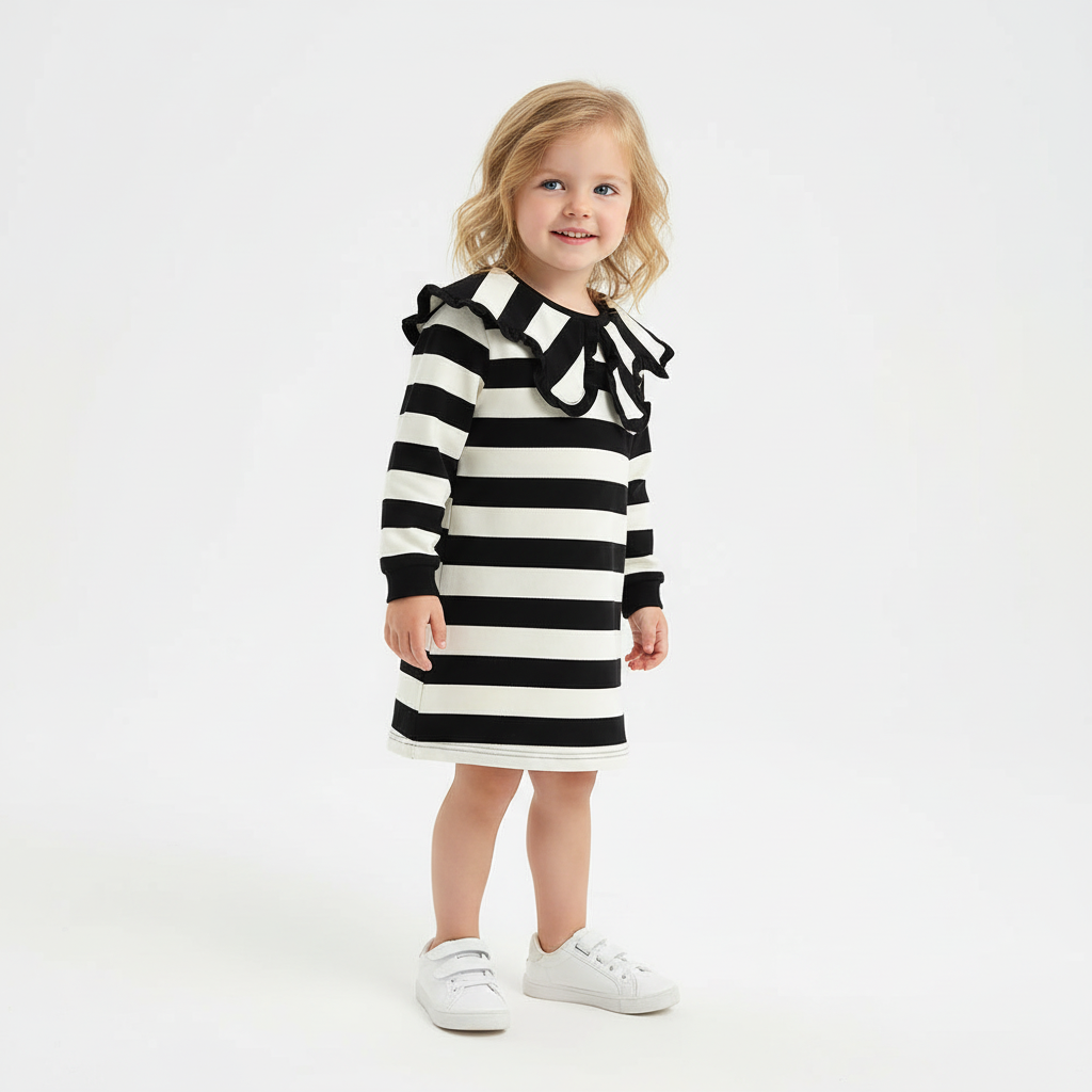 100% Cotton Black White Striped Dress With Ruffle Collar