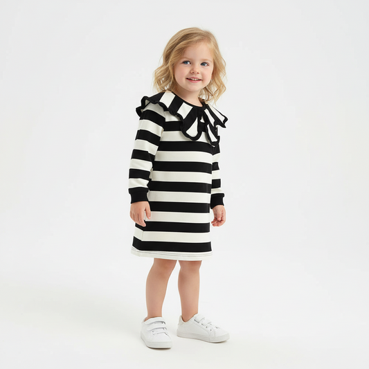 100% Cotton Black White Striped Dress With Ruffle Collar