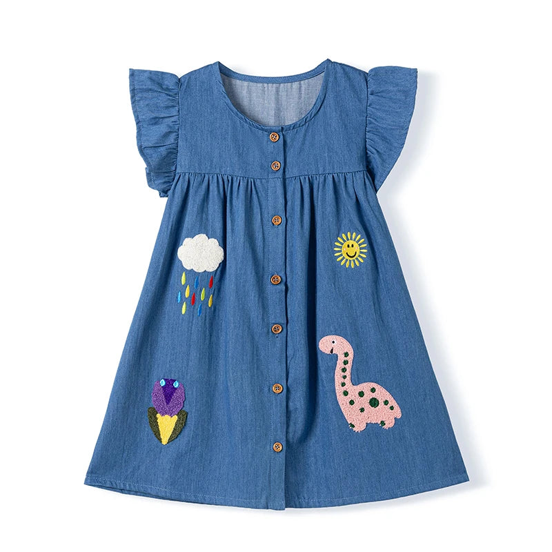 100% Cotton Blue Denim Dress With Embroidered Appliques & Buttons