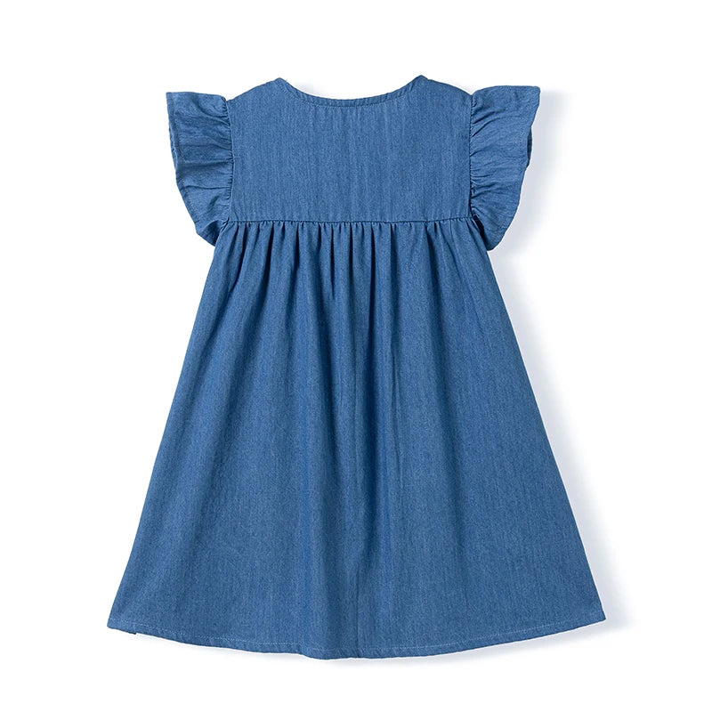 100% Cotton Blue Denim Dress With Embroidered Appliques & Buttons
