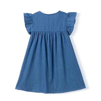 100% Cotton Blue Denim Dress With Embroidered Appliques & Buttons