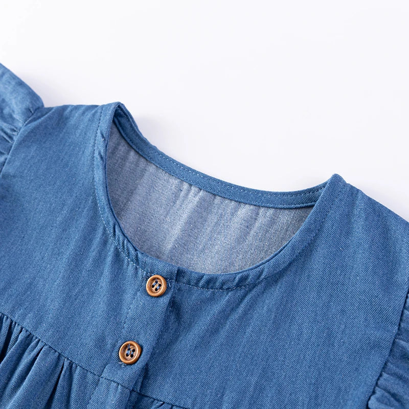 100% Cotton Blue Denim Dress With Embroidered Appliques & Buttons