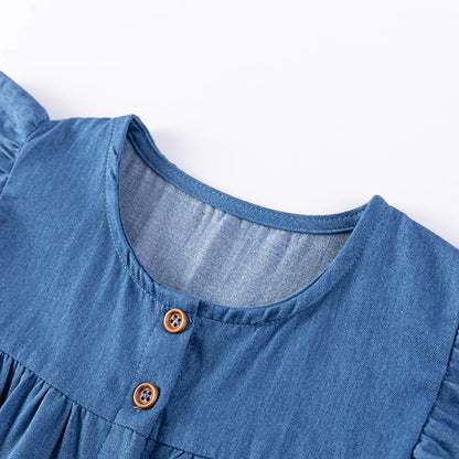 100% Cotton Blue Denim Dress With Embroidered Appliques & Buttons