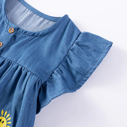 100% Cotton Blue Denim Dress With Embroidered Appliques & Buttons