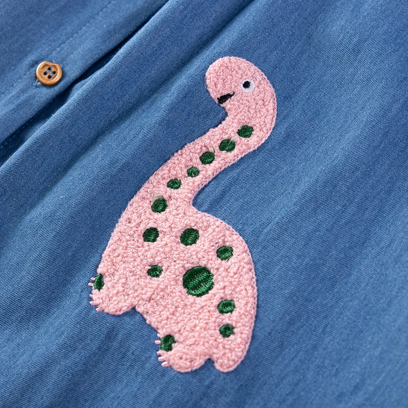 100% Cotton Blue Denim Dress With Embroidered Appliques & Buttons