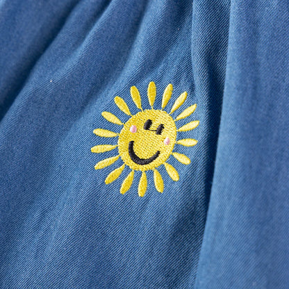 100% Cotton Blue Denim Dress With Embroidered Appliques & Buttons