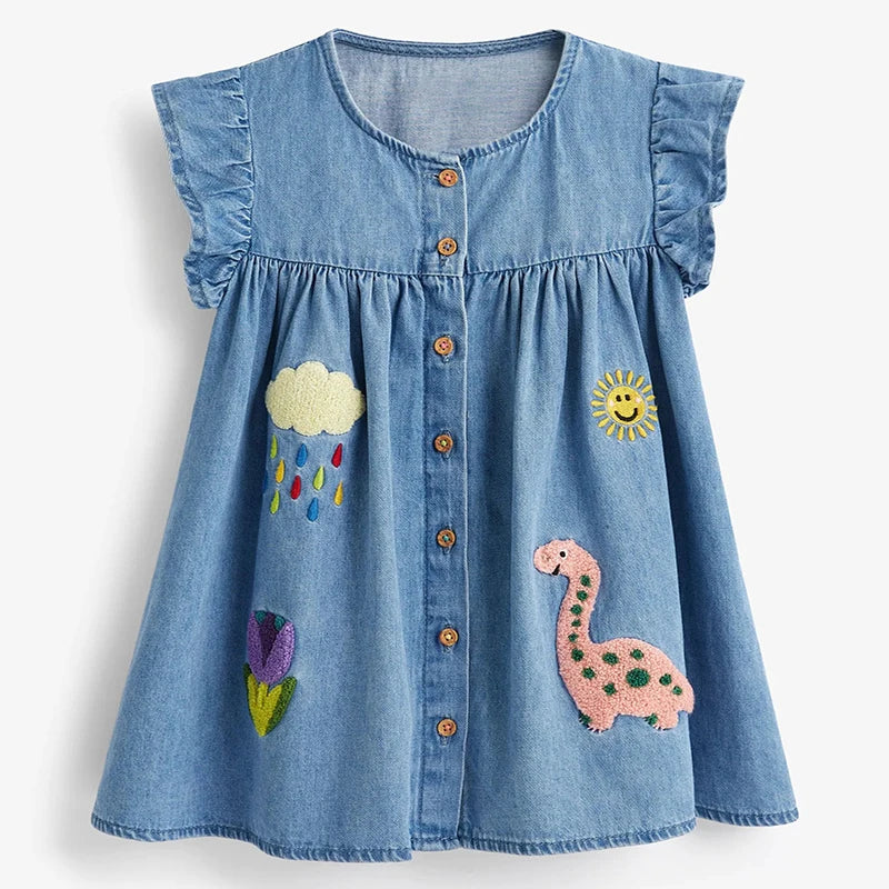 100% Cotton Blue Denim Dress With Embroidered Appliques & Buttons