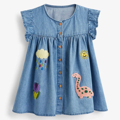 100% Cotton Blue Denim Dress With Embroidered Appliques & Buttons