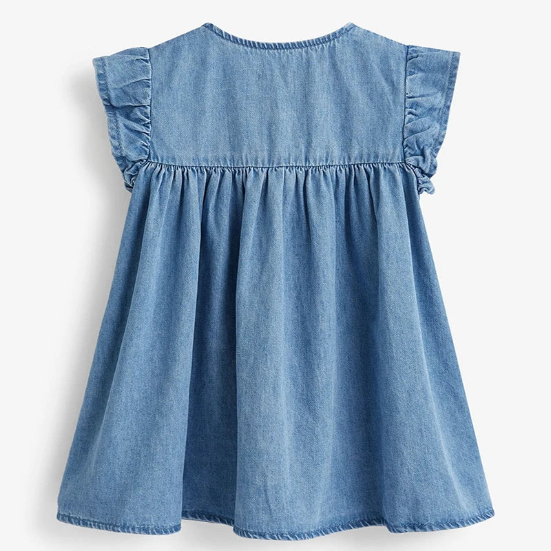 100% Cotton Blue Denim Dress With Embroidered Appliques & Buttons