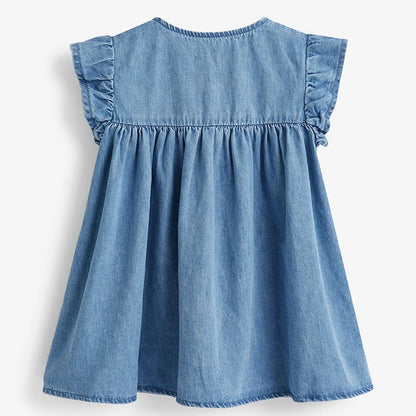 100% Cotton Blue Denim Dress With Embroidered Appliques & Buttons