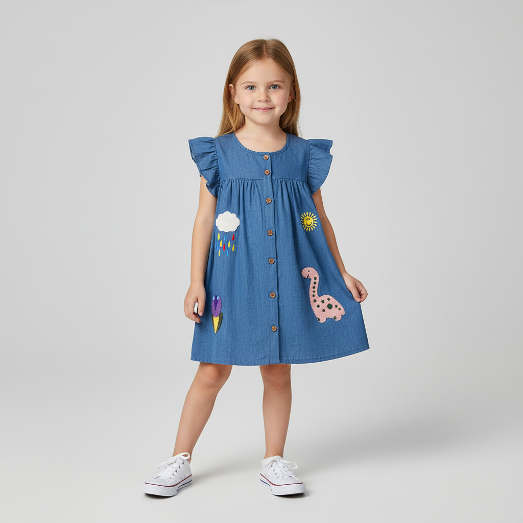 100% Cotton Blue Denim Dress With Embroidered Appliques & Buttons