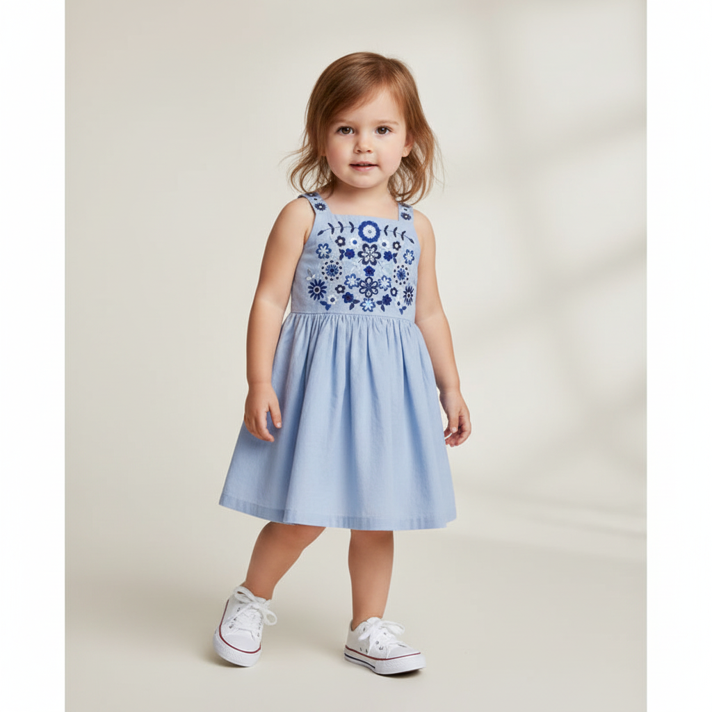 100% Cotton Blue Floral Embroidered Sundress