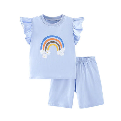 100% Cotton Blue Rainbow Daisy Ruffle Sleeve Top & Shorts Set