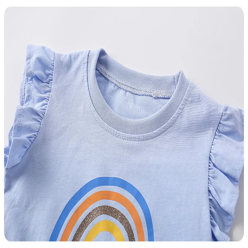 100% Cotton Blue Rainbow Daisy Ruffle Sleeve Top & Shorts Set